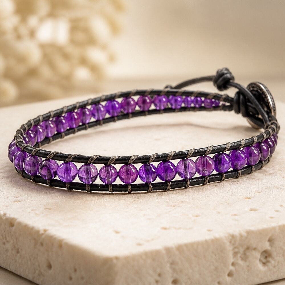 Lulu Dharma Genuine Purple Fluorite Amethyst Leather Single Wrap Bracelet